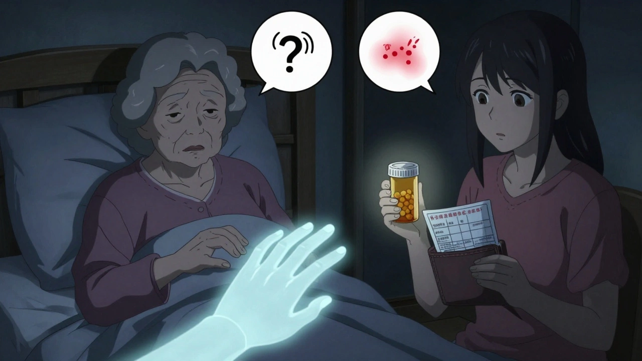 Elderly woman stopped from taking wrong pill, with future warning visuals floating beside her.