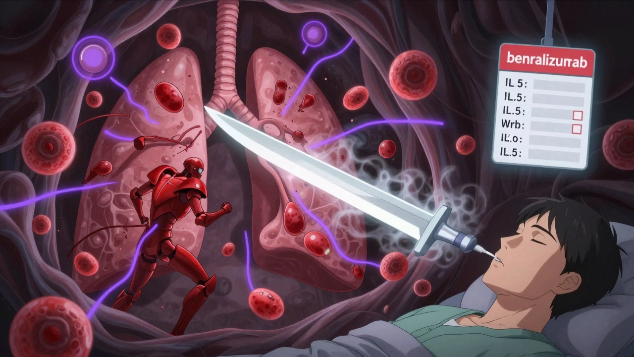 Eosinophil cells being destroyed in lung airways by a glowing blade representing anti-IL-5 therapy.