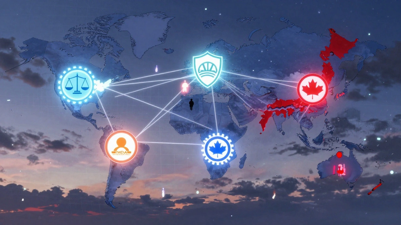 Global map with regulatory symbols connected by threads, patients glowing or flickering red.