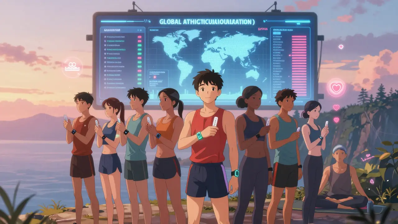 Group of athletes at dawn with wearable tech, holding home-testing devices under a data-streaming sky.