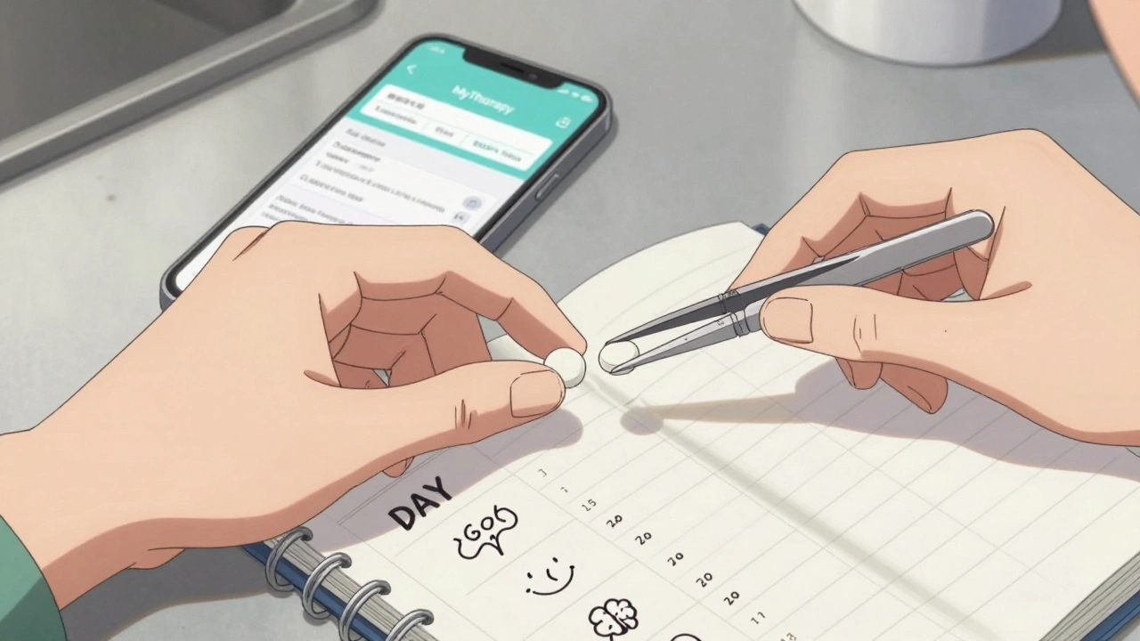Hand splitting a pill with tweezers beside a symptom journal and medication app on phone.