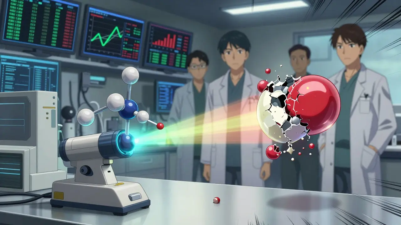 Handheld spectrometer analyzing a pill with real vs. fake molecular structures displayed.