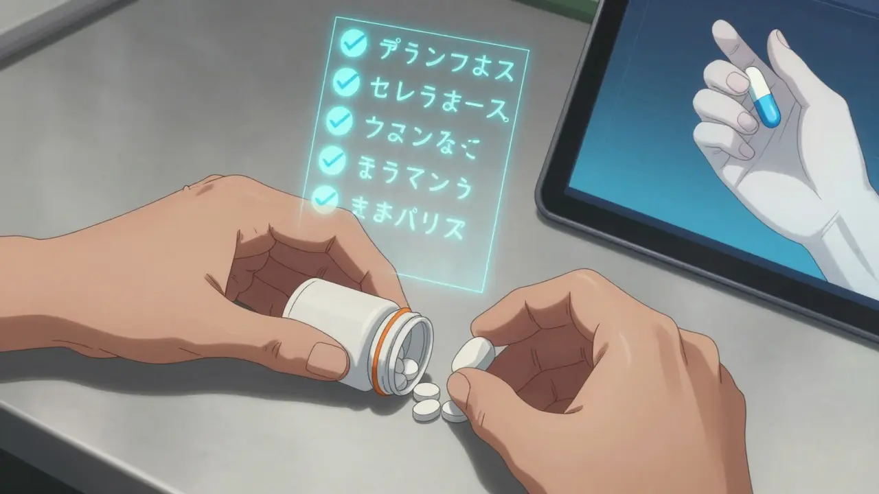 Hands counting pills from a bottle with verification checklist floating above.