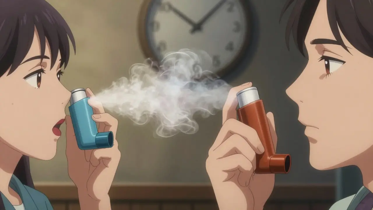 Hands using inhalers in sequence, with visible airway expansion and medicinal mist.