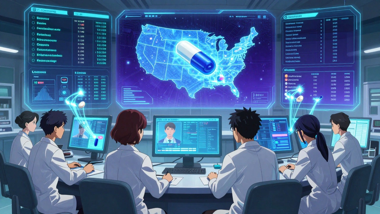 Health analysts monitoring holographic data dashboards showing AI predictions for generic drug efficacy in a modern hospital control room.