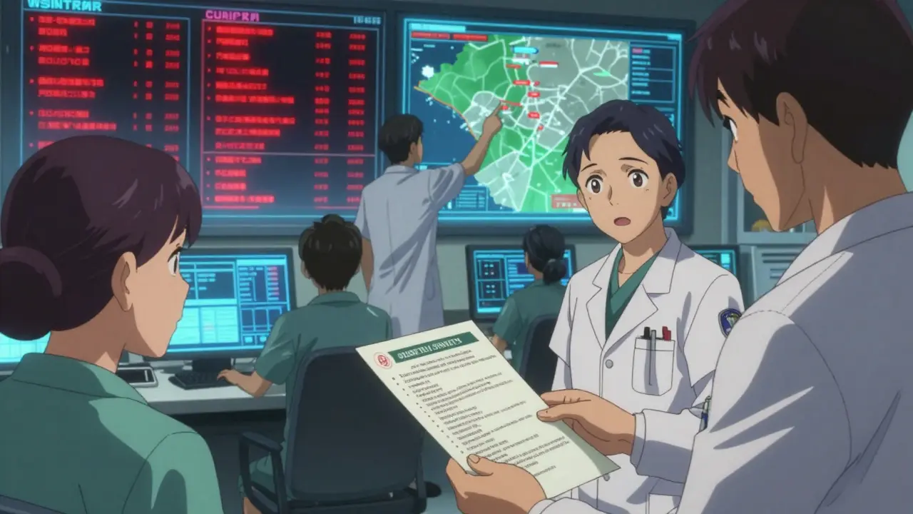 Medical team monitors drug shortage alerts on digital screens, one prepares translated materials for non-English speakers.