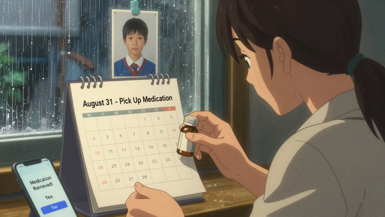 Parent checks calendar for medication pickup deadline with bottle in hand.