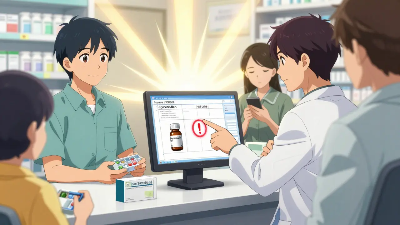 Patient and pharmacist reviewing prescription on screen together.