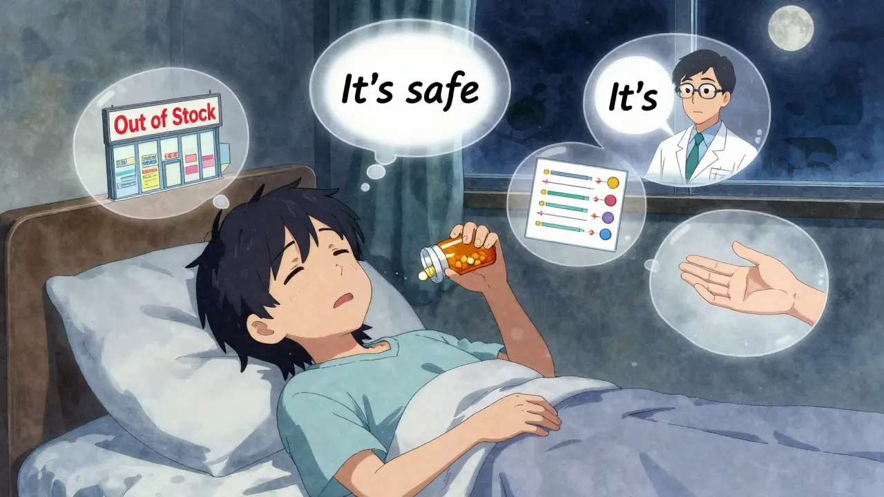 Patient at night holds an empty pill bottle, surrounded by thought bubbles showing medication change and support.