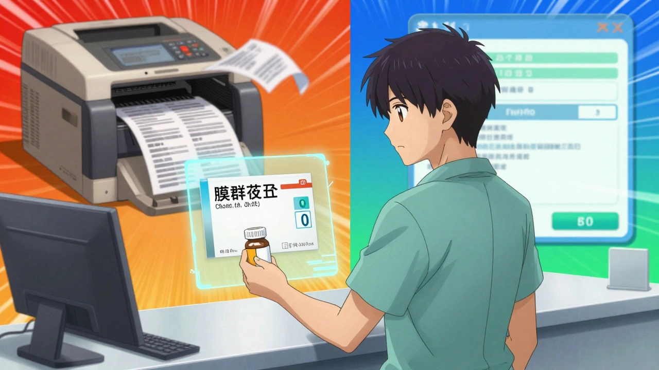 Patient at pharmacy with holographic label comparison showing correct vs. corrupted formats.