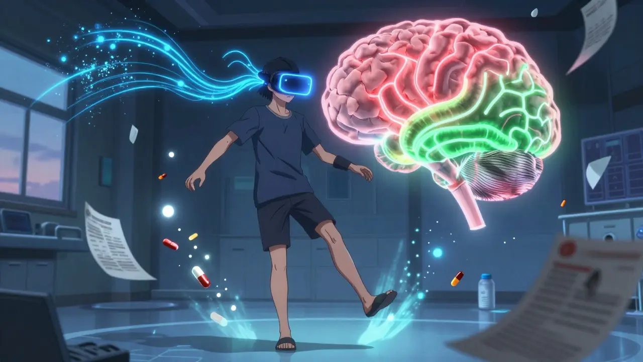Patient in VR headset, seeing a digital phantom limb move, while neural pathways in a glowing brain shift from red to green.