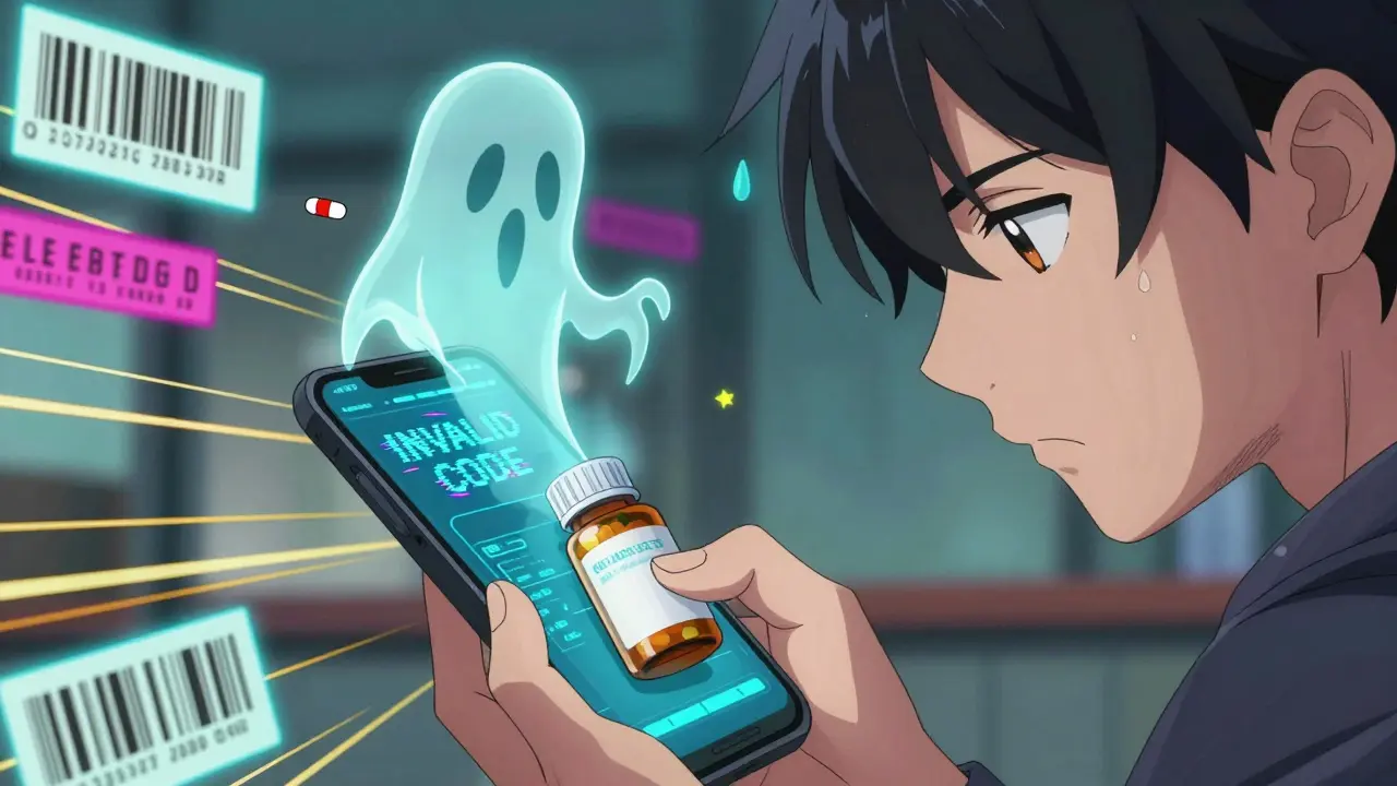 Patient scanning a medicine bottle with phone showing 'INVALID CODE' on screen.
