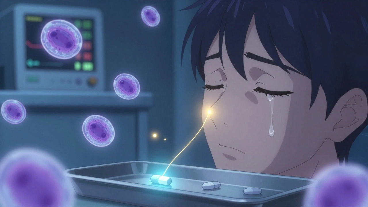 Patient undergoing aspirin desensitization, with golden light connecting them to a tablet and eosinophil cells swirling around.