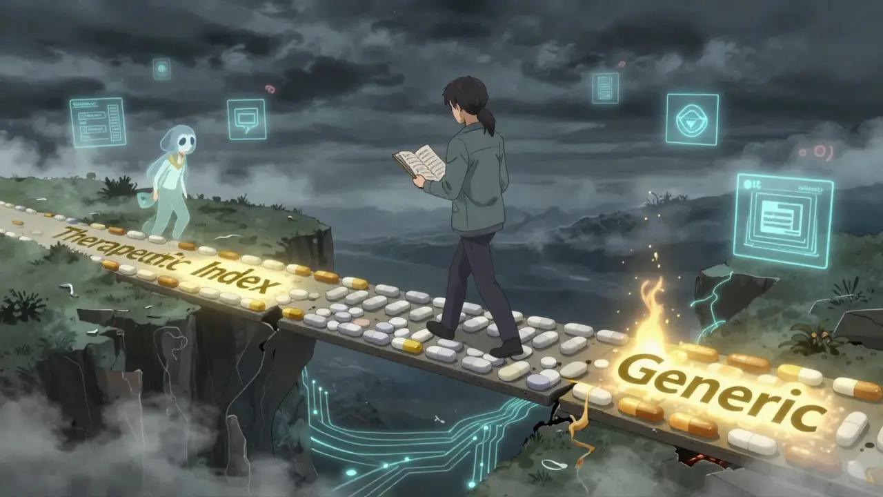 Patient walking on a crumbling pill bridge between brand and generic medicine.