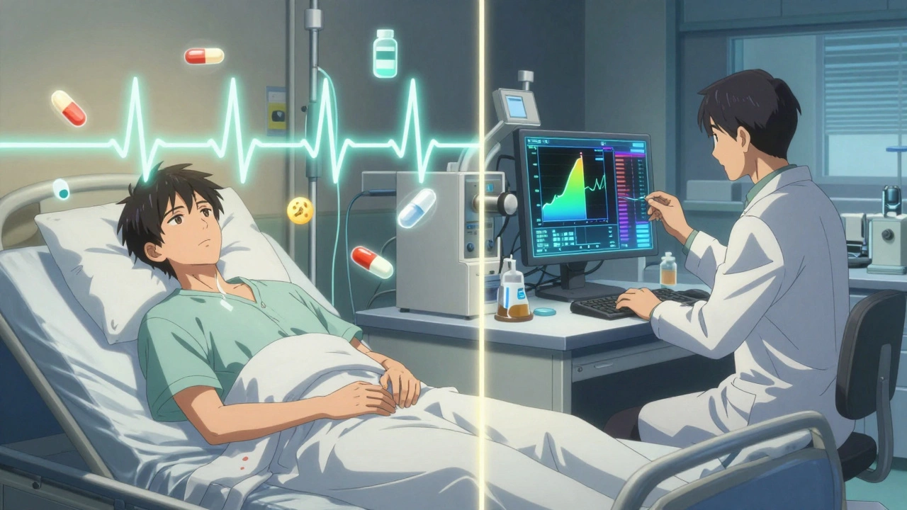 Patient with erratic ECG on left, scientists analyzing dissolution profiles under holograms on right.