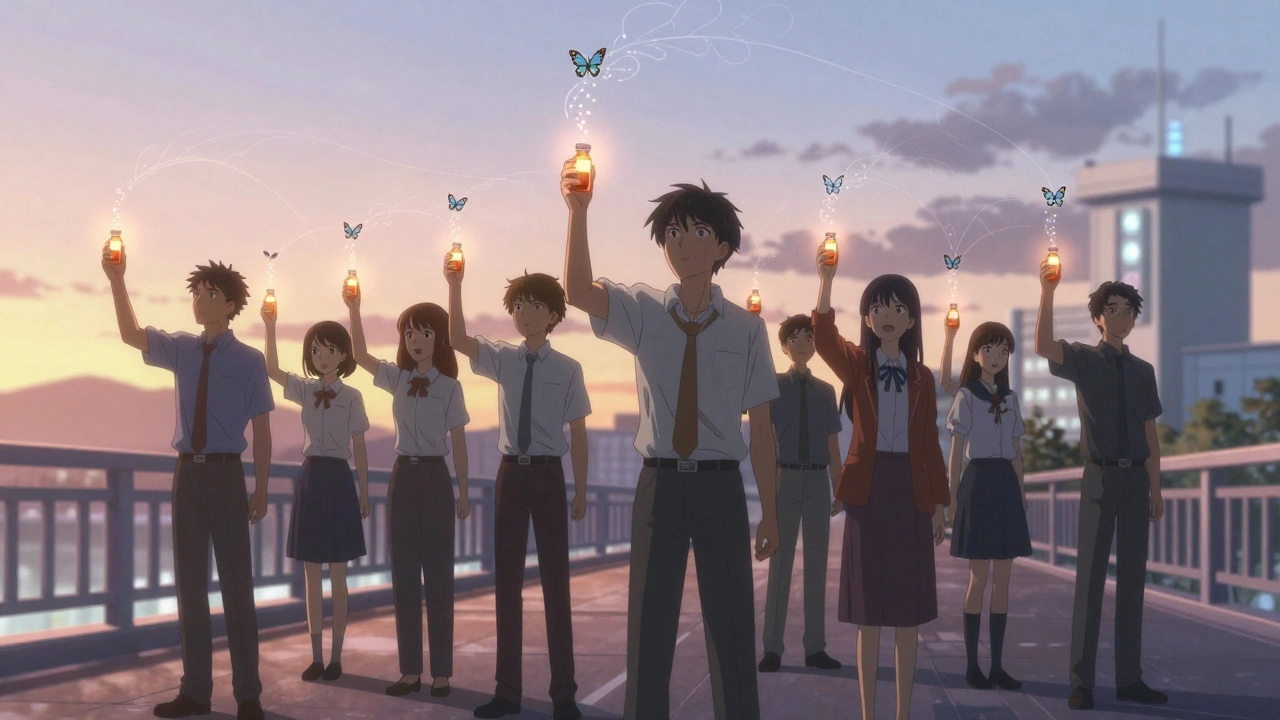 People releasing medication bottles as butterflies into the dawn sky, symbolizing safe withdrawal.