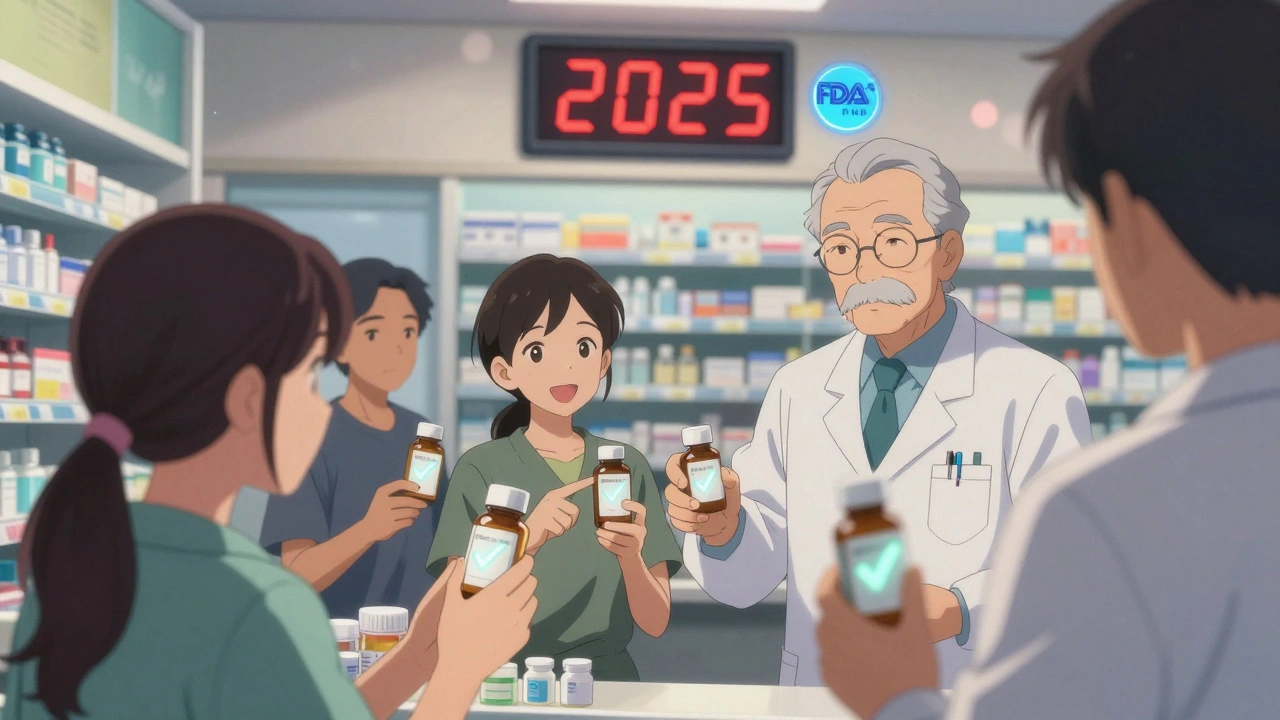 Pharmacy interior with patients holding compliant prescriptions under 2025 labeling rules.