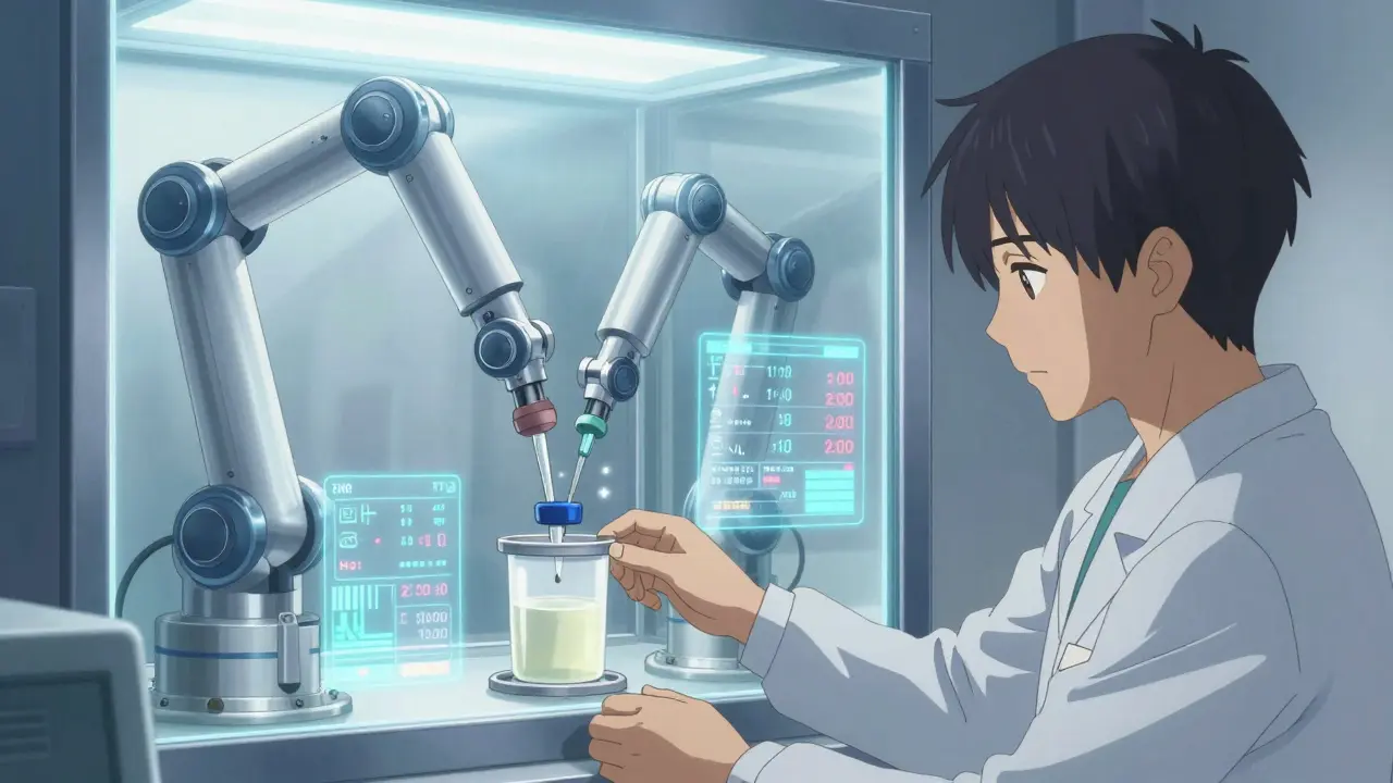 Robotic arm mixing sterile IV medication in a glowing, filtered chamber with holographic data.