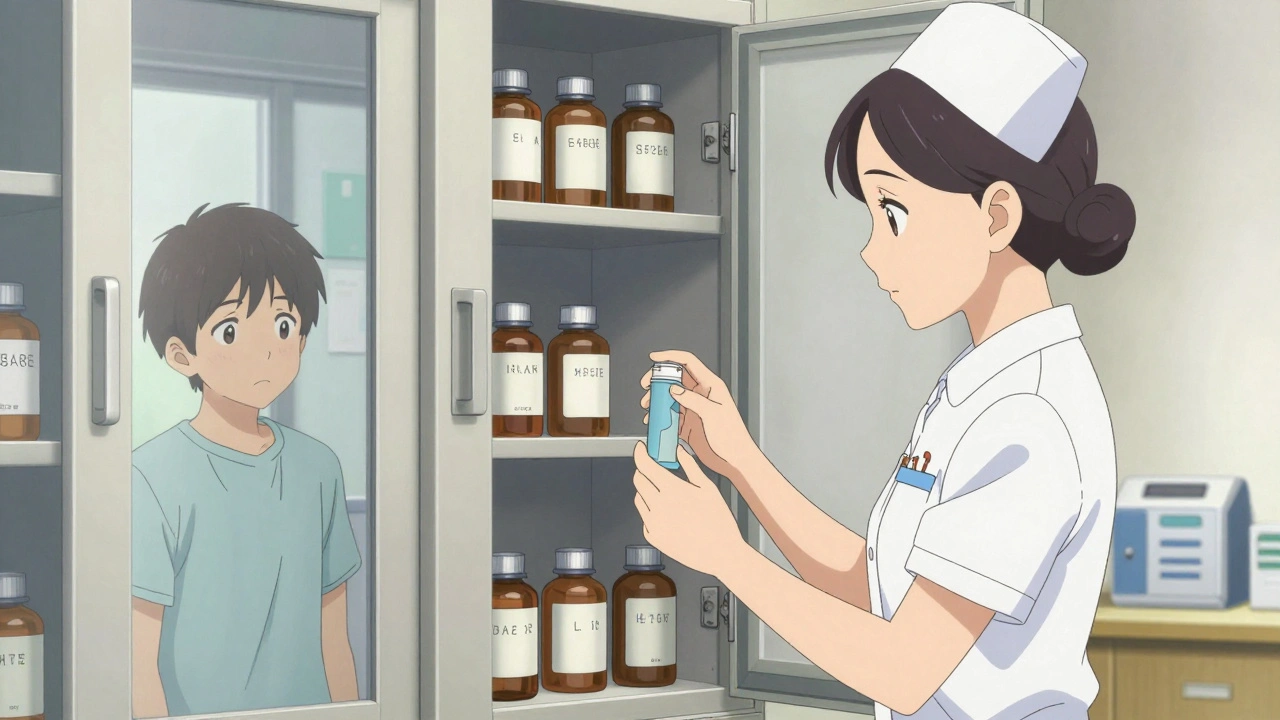 School nurse retrieves inhaler from locked cabinet while student waits outside.