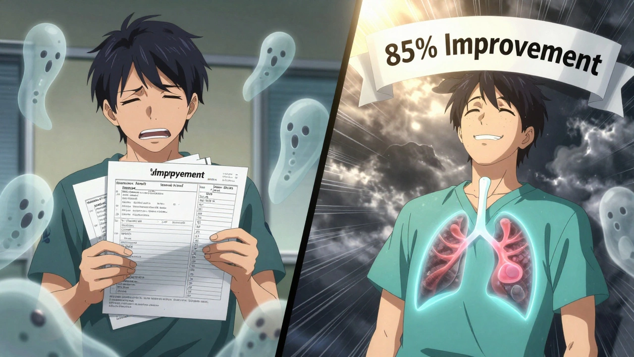 Split image: one side shows patient overwhelmed by surgeries, other side shows them breathing easily after successful treatment.