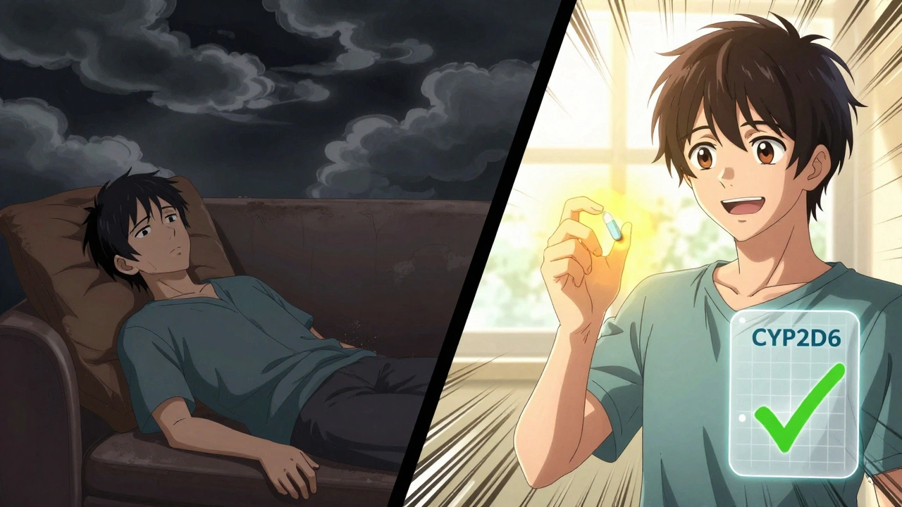 Split scene: a person in despair with failed antidepressants versus the same person hopeful with a glowing new pill and genetic map.