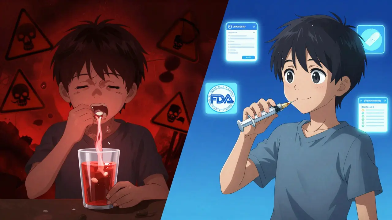 Split scene: child sick from wrong dose vs. safe dosing with syringe, medical warnings and icons.