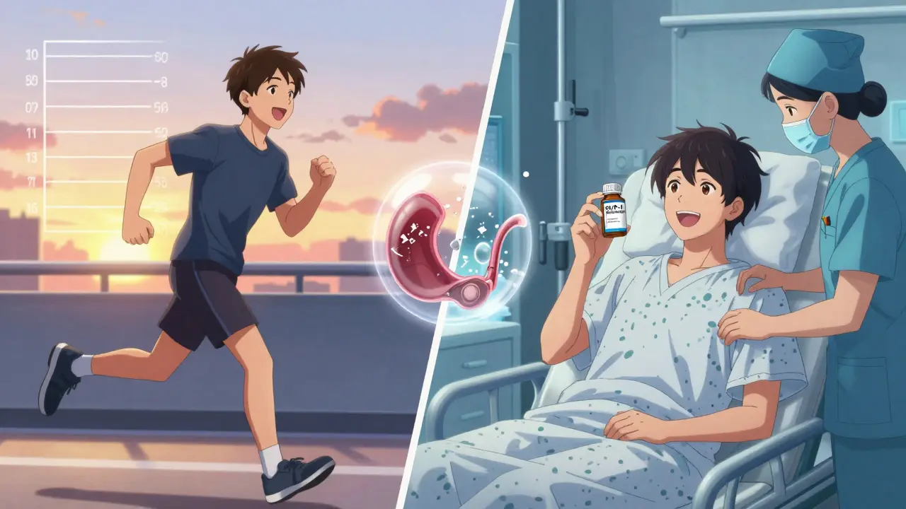 Split scene: person jogging with weight loss chart, same person post-gallbladder surgery smiling with pill bottle.