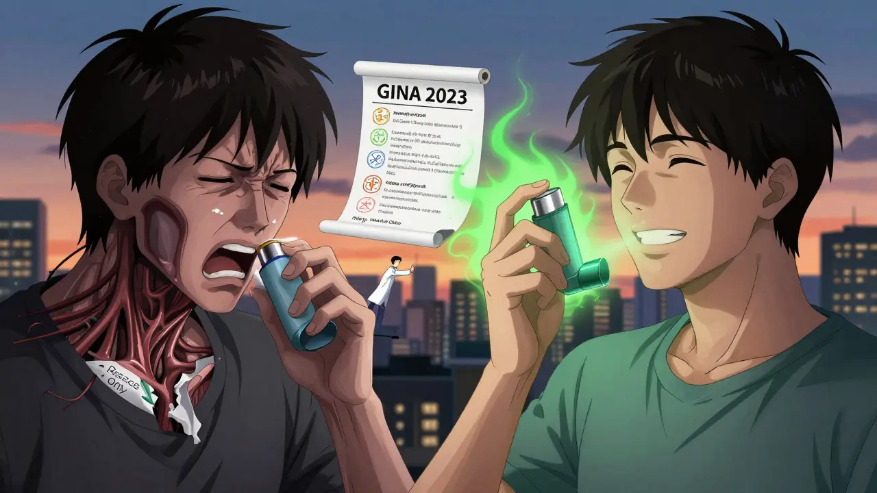 Split scene: uncontrolled asthma vs. proper treatment with combination inhaler in anime style.