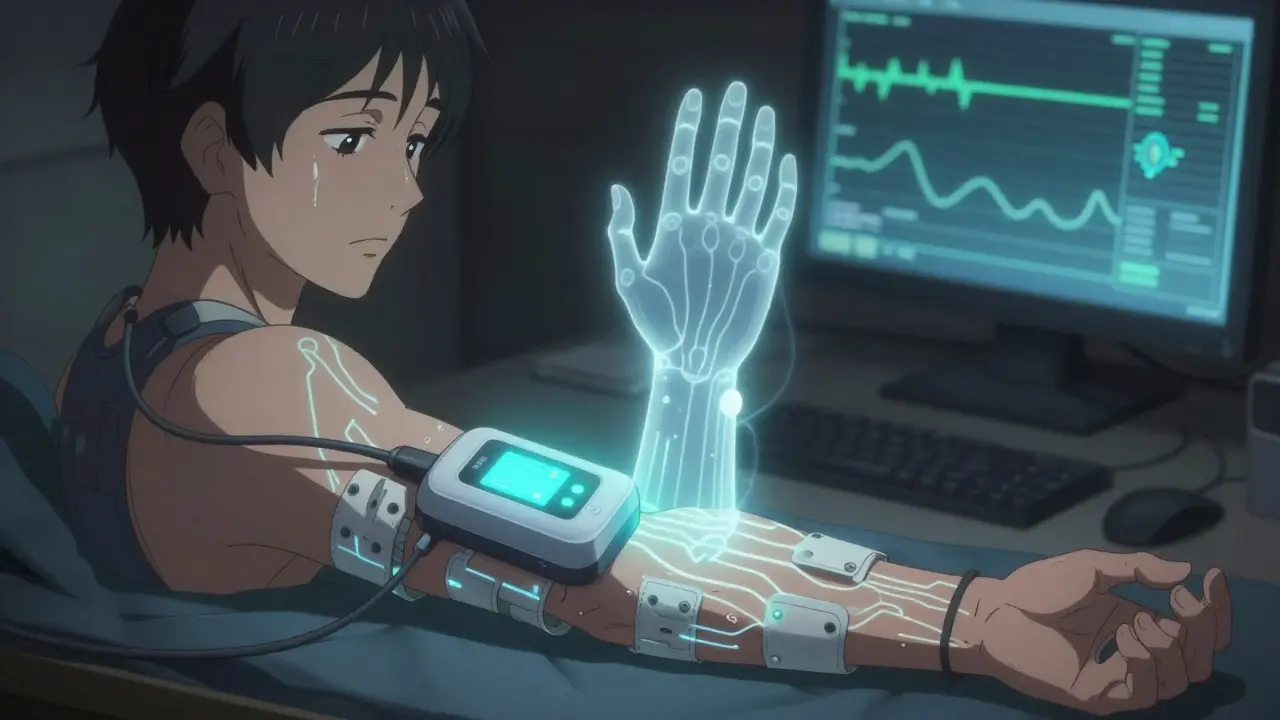 TENS electrodes on a residual limb emitting cyan pulses, with a holographic phantom hand moving in sync.