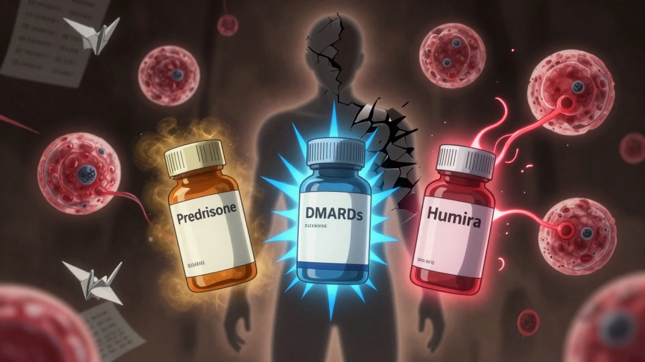 Three medication bottles emitting different energy auras, with fragmented immune cells under attack.