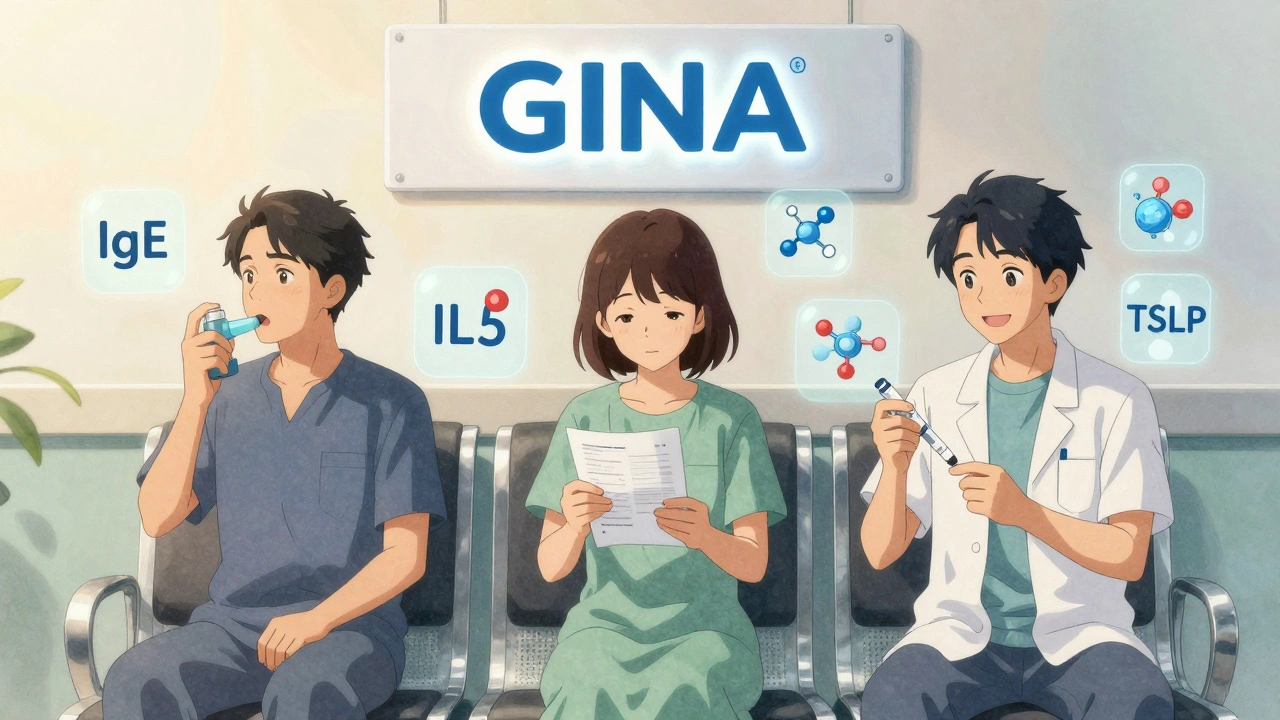 Three patients in a clinic with floating medical icons, symbolizing personalized biologic asthma treatment.