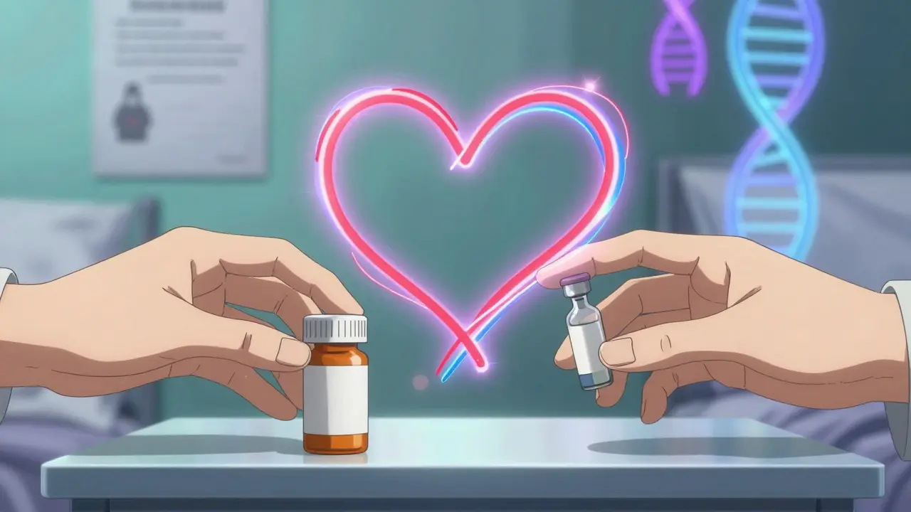 Two hands reaching across a bed, one with a pill bottle, the other with sildenafil, connected by a glowing heart.