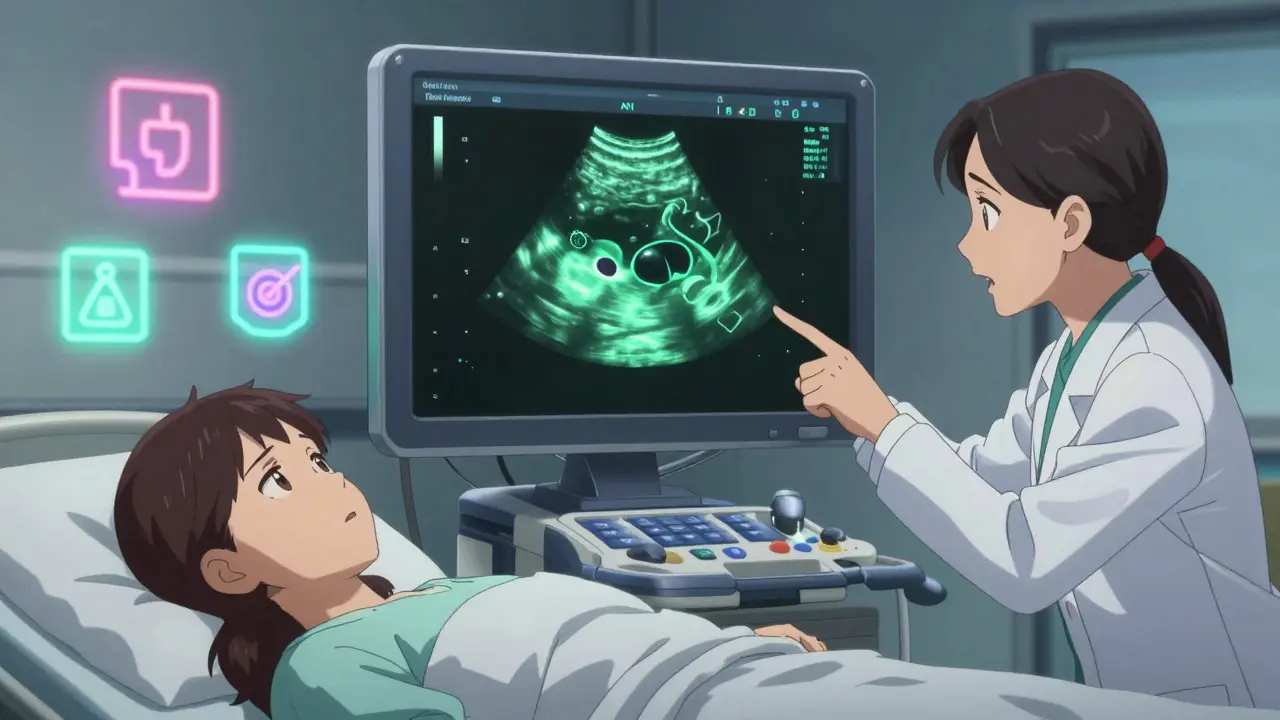 Ultrasound image showing gallstones in gallbladder, doctor pointing at screen, patient lying below.