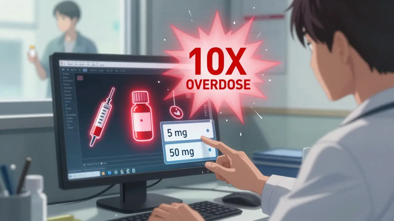 A doctor hovers over a digital prescription menu with dangerous dosage options side by side.