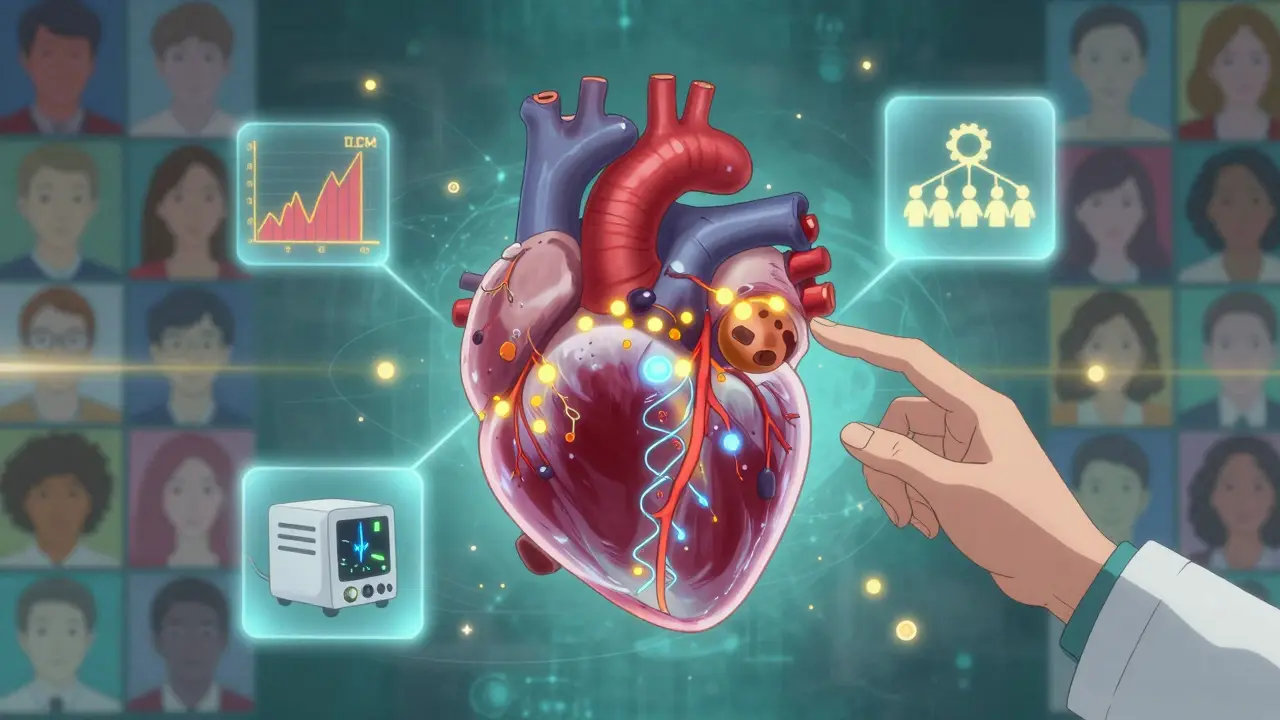 A glowing digital heart with calcium deposits and genetic data, surrounded by health icons, being adjusted by a doctor's hand.