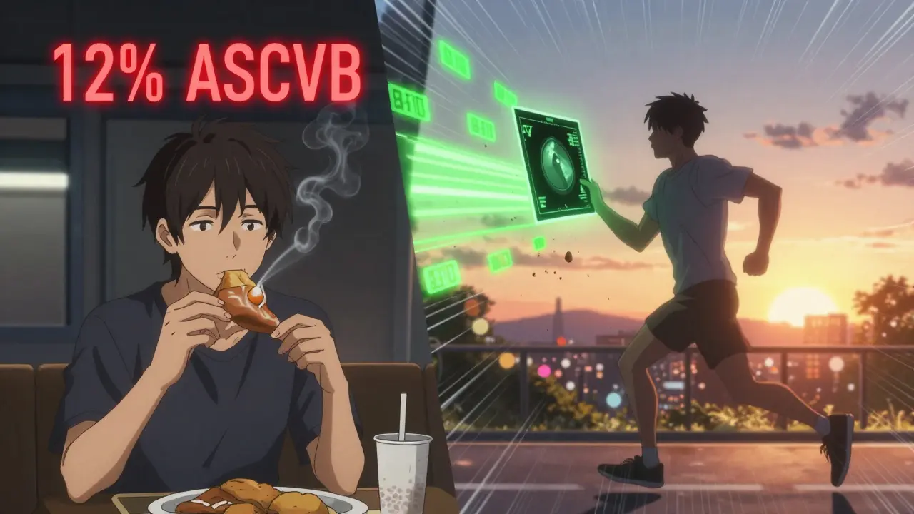 A man transforms from unhealthy habits to active lifestyle, with ASCVD risk dropping from 12% to zero as plaque dissolves.