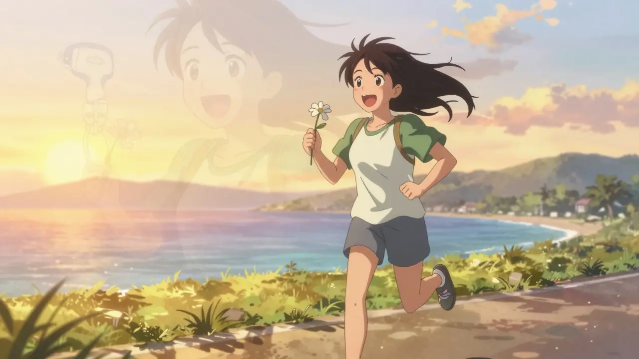 A person running freely on a beach at sunrise after a successful kidney transplant.