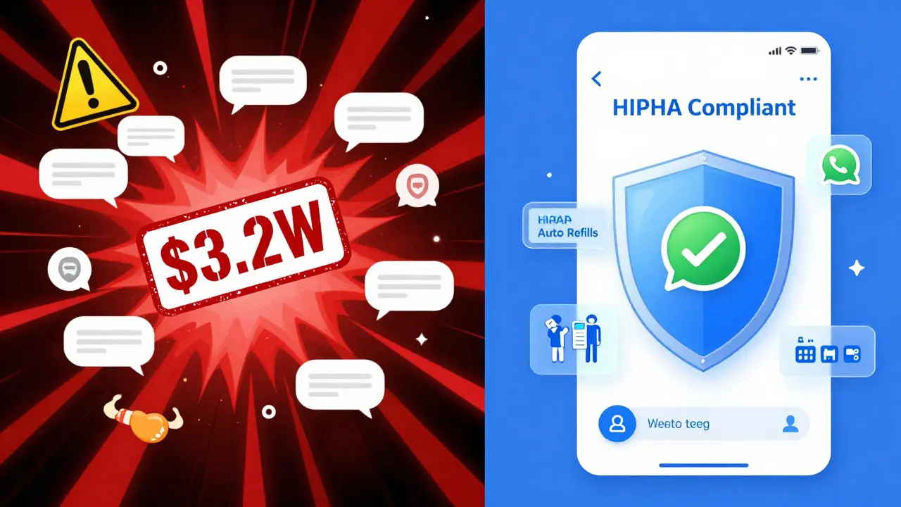 Contrast between chaotic unsecured messages and calm secure health messaging with HIPAA shield.