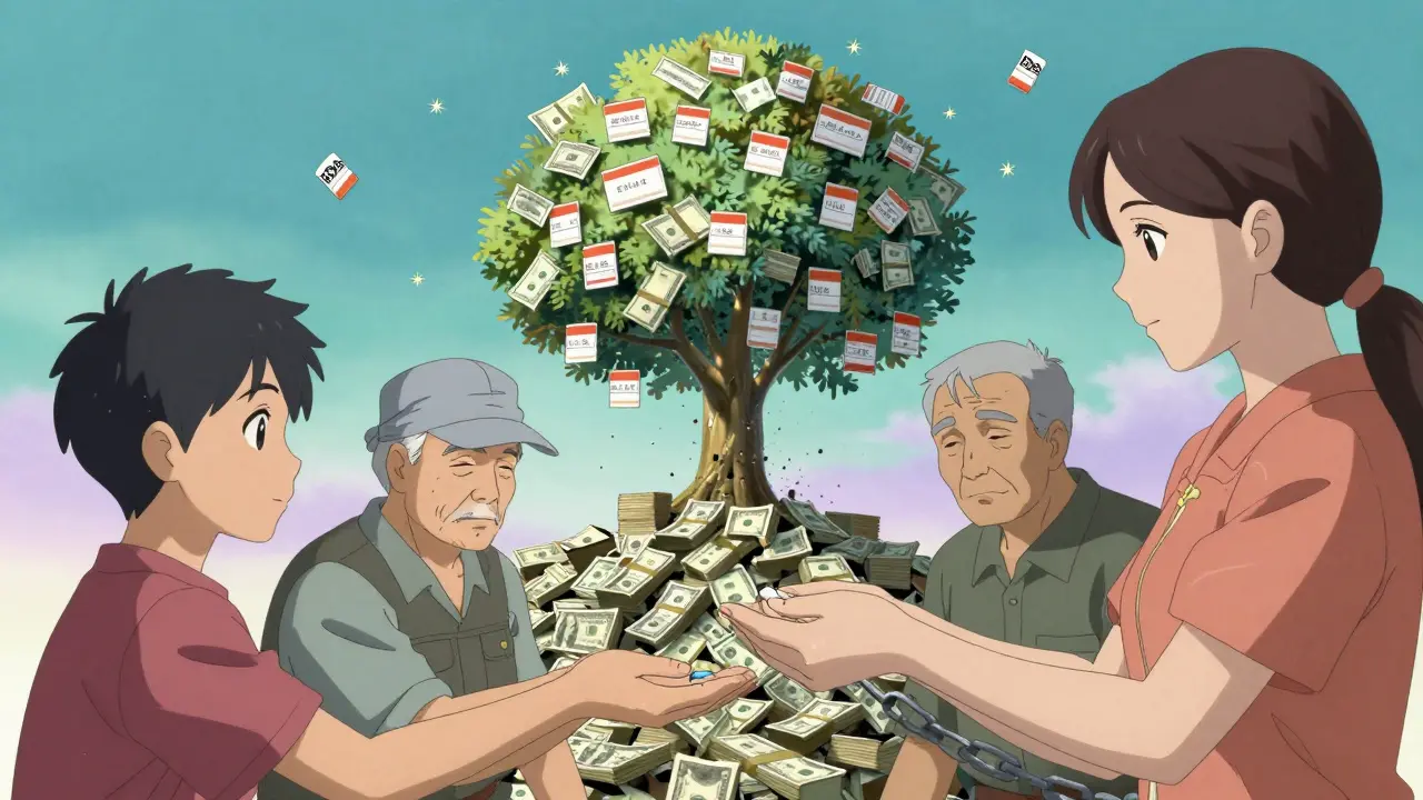 Diverse patients passing a generic pill through a chain, dollar bills turning to dust as a tree of prescription labels blooms in the background.