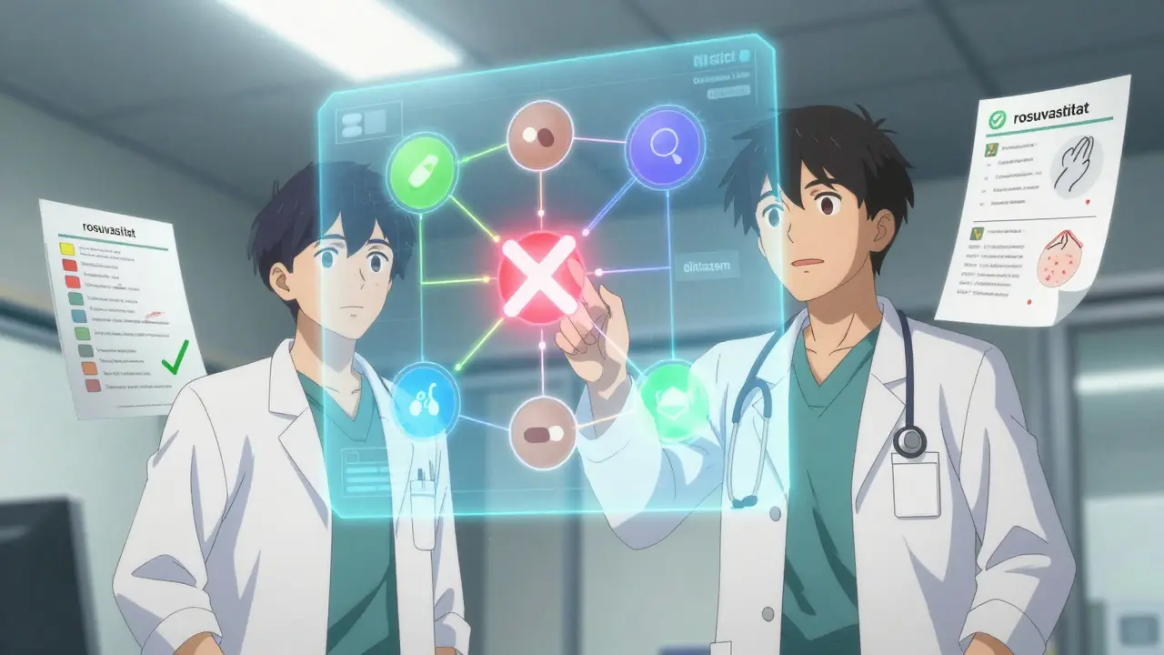 Doctor and pharmacist reviewing a holographic drug interaction map in a bright clinic with patient symptoms nearby.