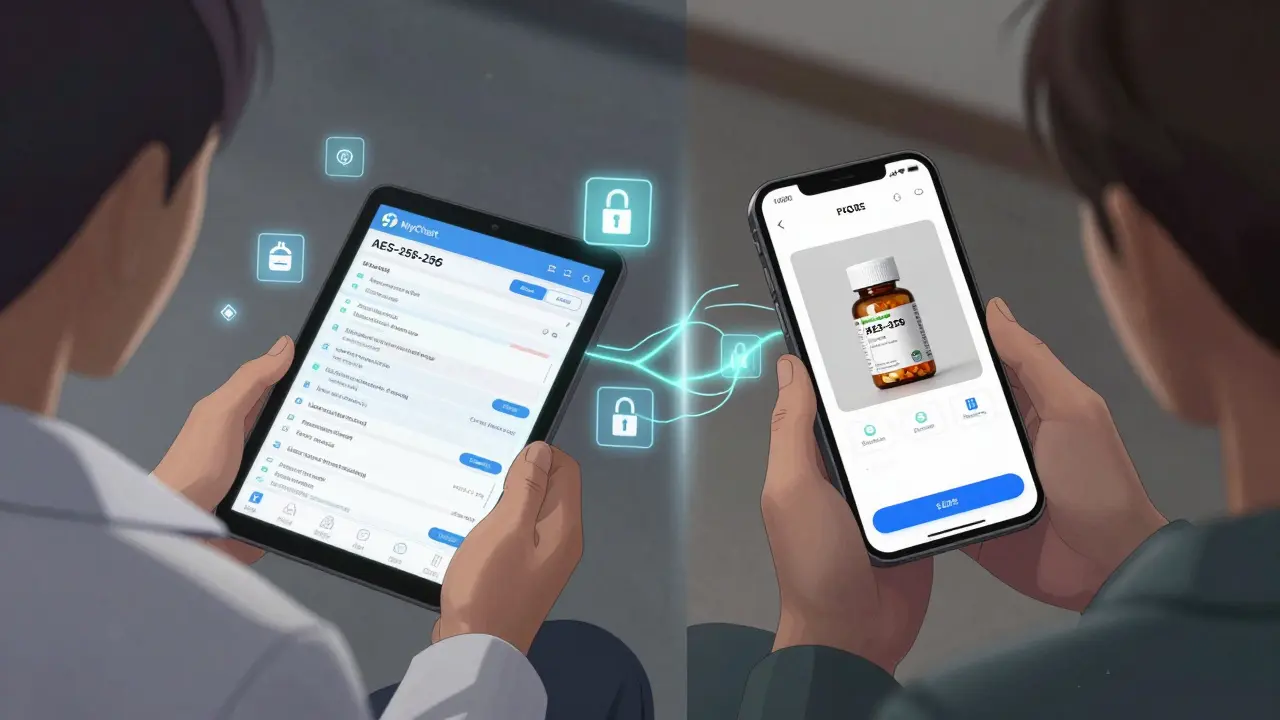 Doctor reviewing encrypted medication records while patient uploads pill photo via secure messaging system.