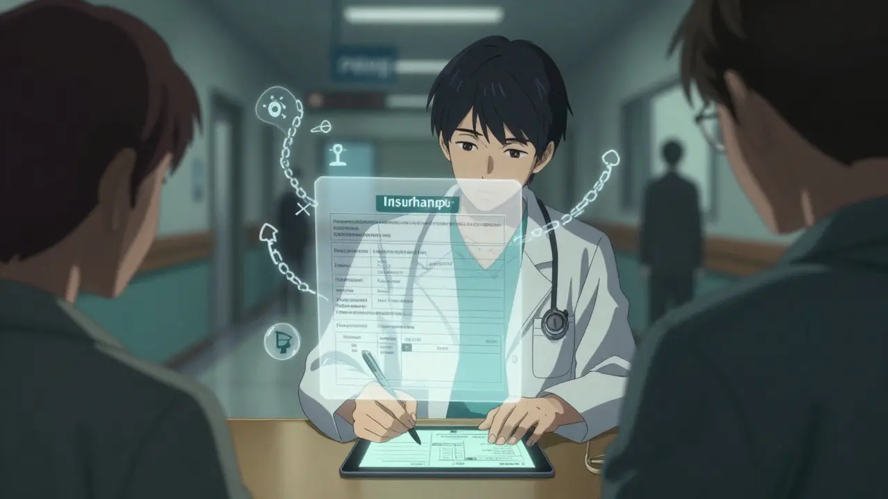 Doctor writes prescription as insurance rules float as ghostly chains around them, patient looks concerned.