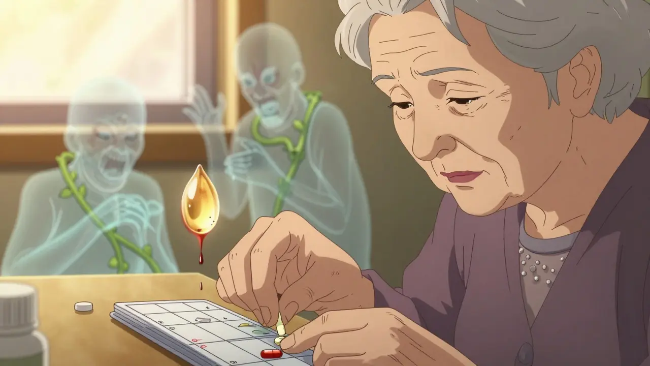 Elderly woman organizing pills while ghostly drug interactions loom behind her in glowing anime style.
