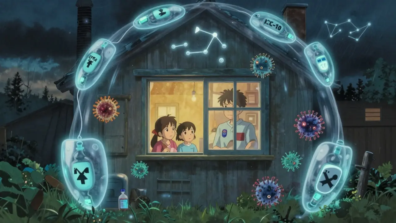 Family surrounded by vaccine shields protecting immunocompromised person inside home.