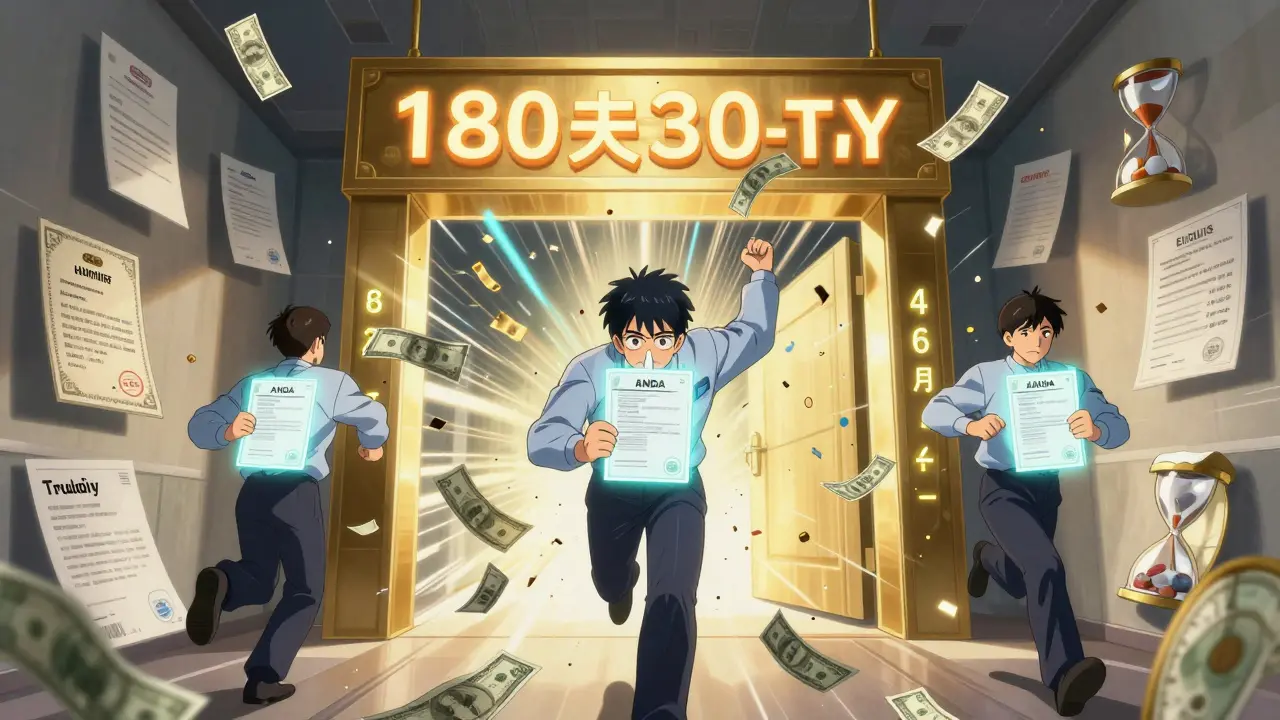 Generic drug companies racing to claim 180-day market exclusivity past floating patent certificates.