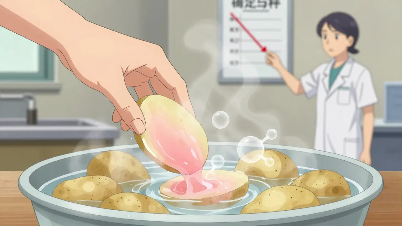 Hand leaching potatoes in water, with steam rising and potassium molecules fading away.
