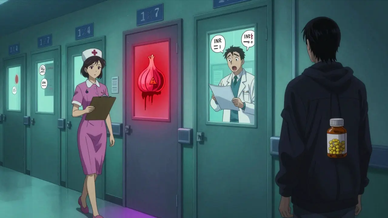 Hospital hallway with red warning door for garlic supplement users, nurse unaware, shadowy figure hiding pills.