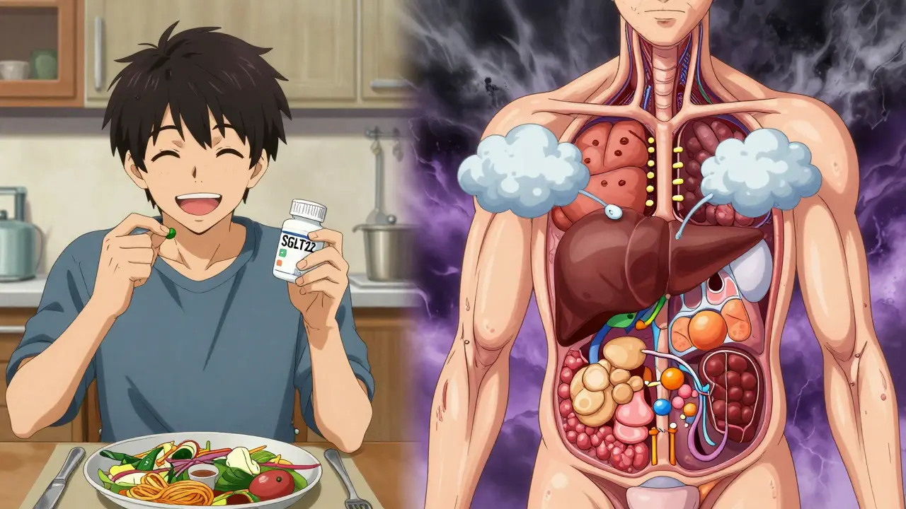 Internal body view showing fat breakdown and ketone production triggered by SGLT2 inhibitor.