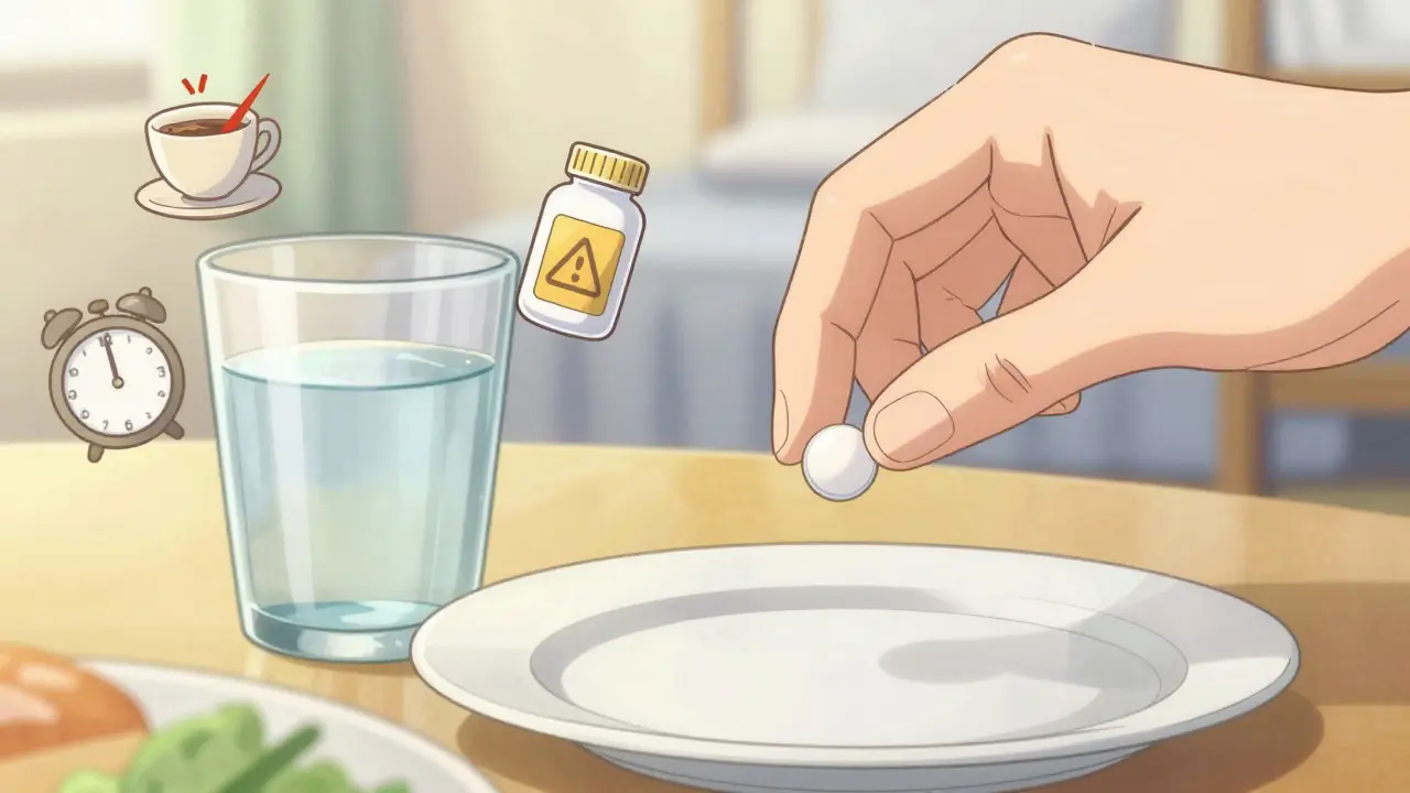 Levothyroxine pill beside water with symbols of coffee and calcium blocked nearby