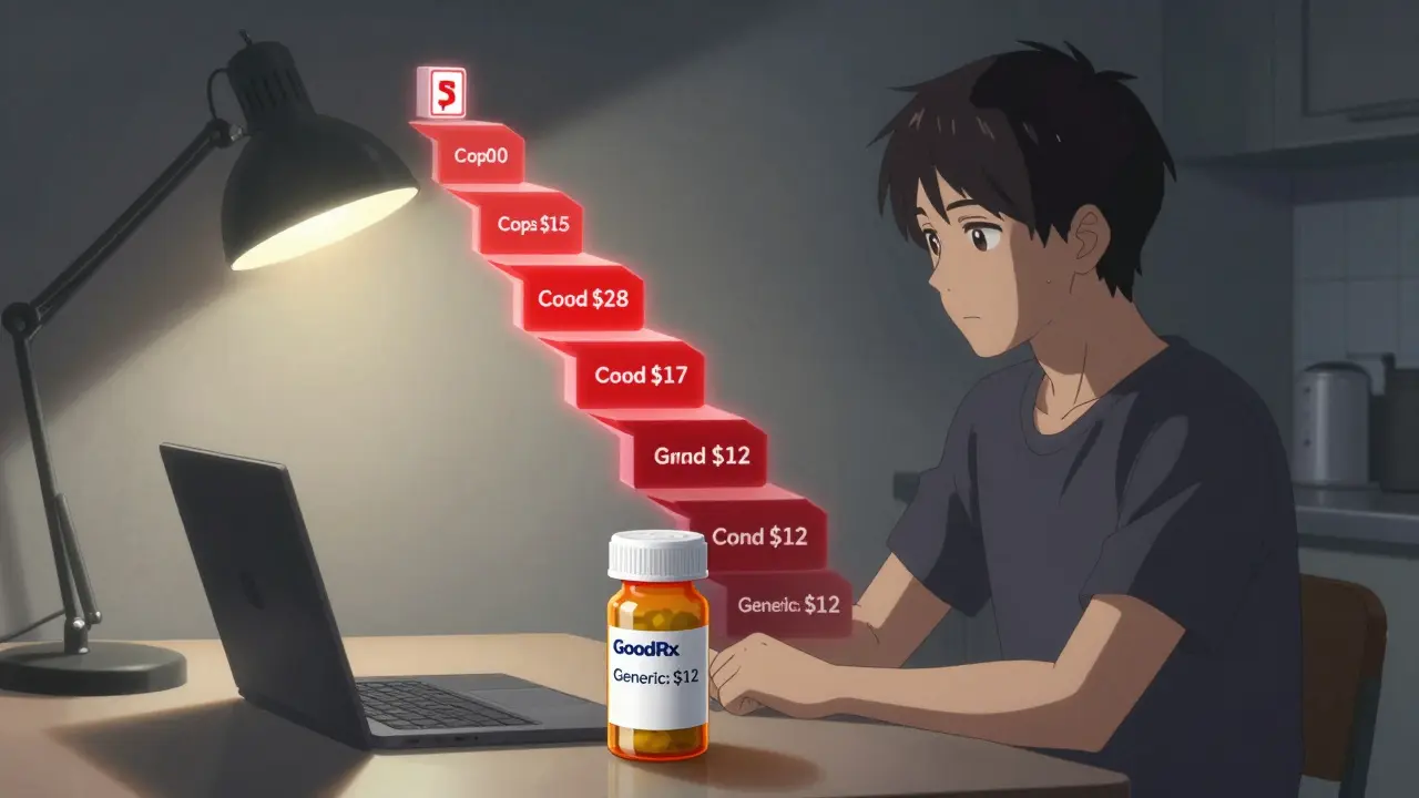 Patient compares brand and generic drug prices on laptop, with dramatic cost difference shown visually.